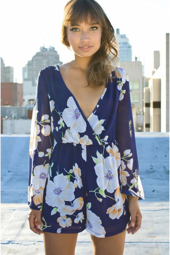 Blue Floral Long Sleeve Romper